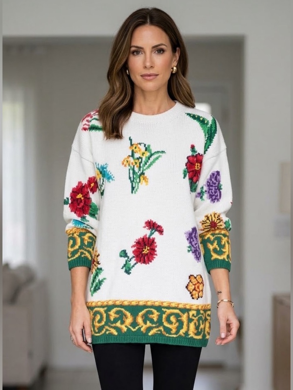 ADRIENNE VITTADINI VTG 1980’s White bright Floral Cotton Sweater Plus Size 1X